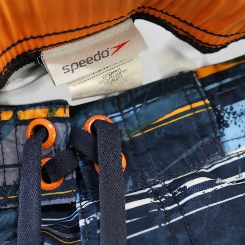 Speedo Mens Board Shorts Navy Blue Orange Tropical Palm Stripe Swim Trunks L‎